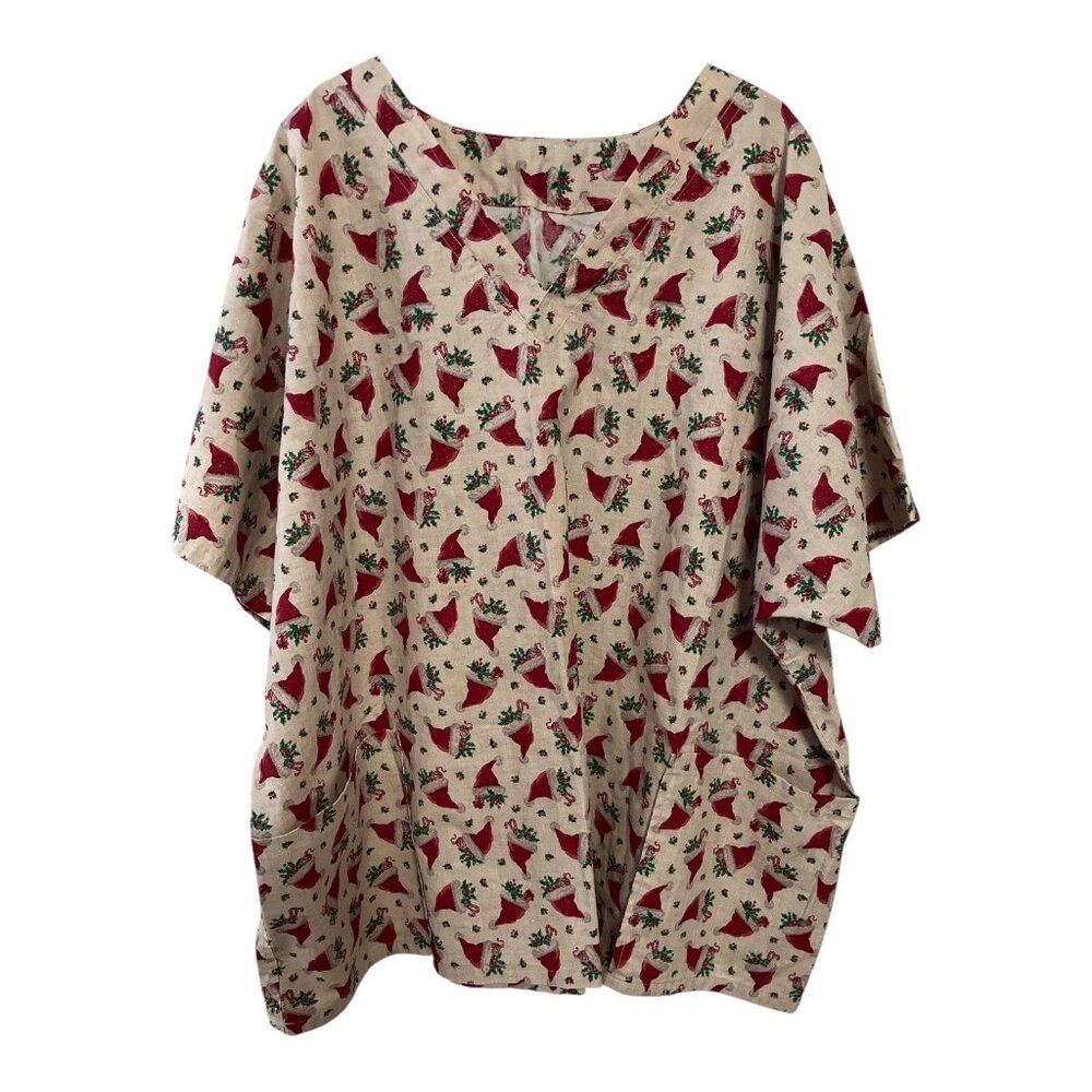 Vintage Handmade Christmas Scrub Top 2X – Santa Hat Holly Print Gold Sparkle – F